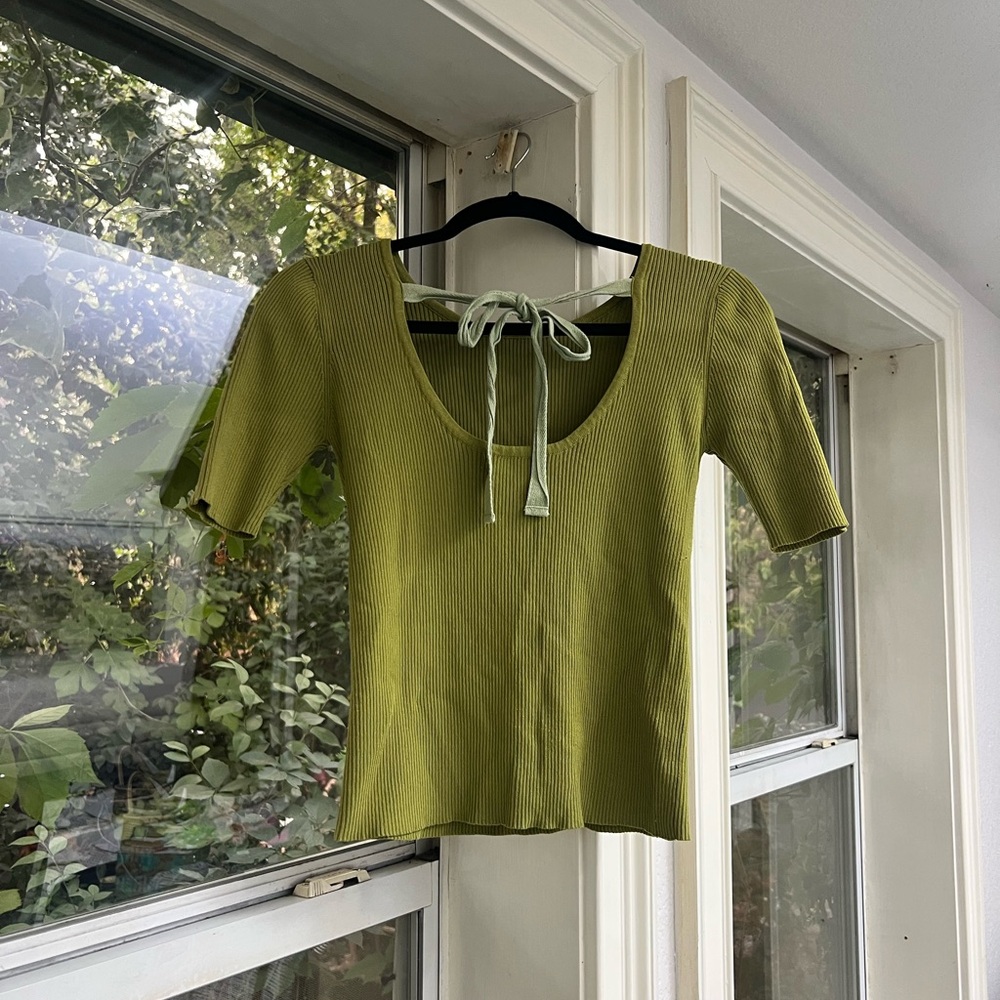 Q2 Olive Green Ribbed Tie-Back Top